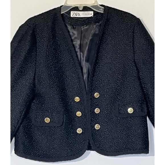 Zara Black Buckle Tweed Double Breasted Open Blazer Jacket - Picture 11 of 12